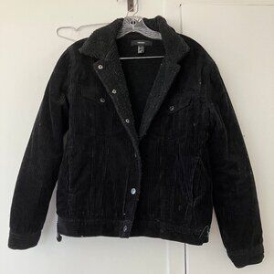 Forever 21 Black Corduroy Jacket sz L bomber faux sherpa lined pockets